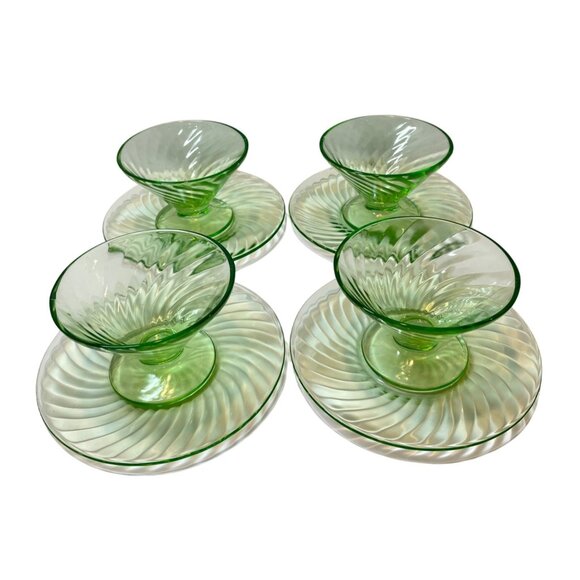 Vintage Green Spiral Depression Glass Dessert Sets - 4 Swirl Plates and 4 Matchi - Picture 2 of 15